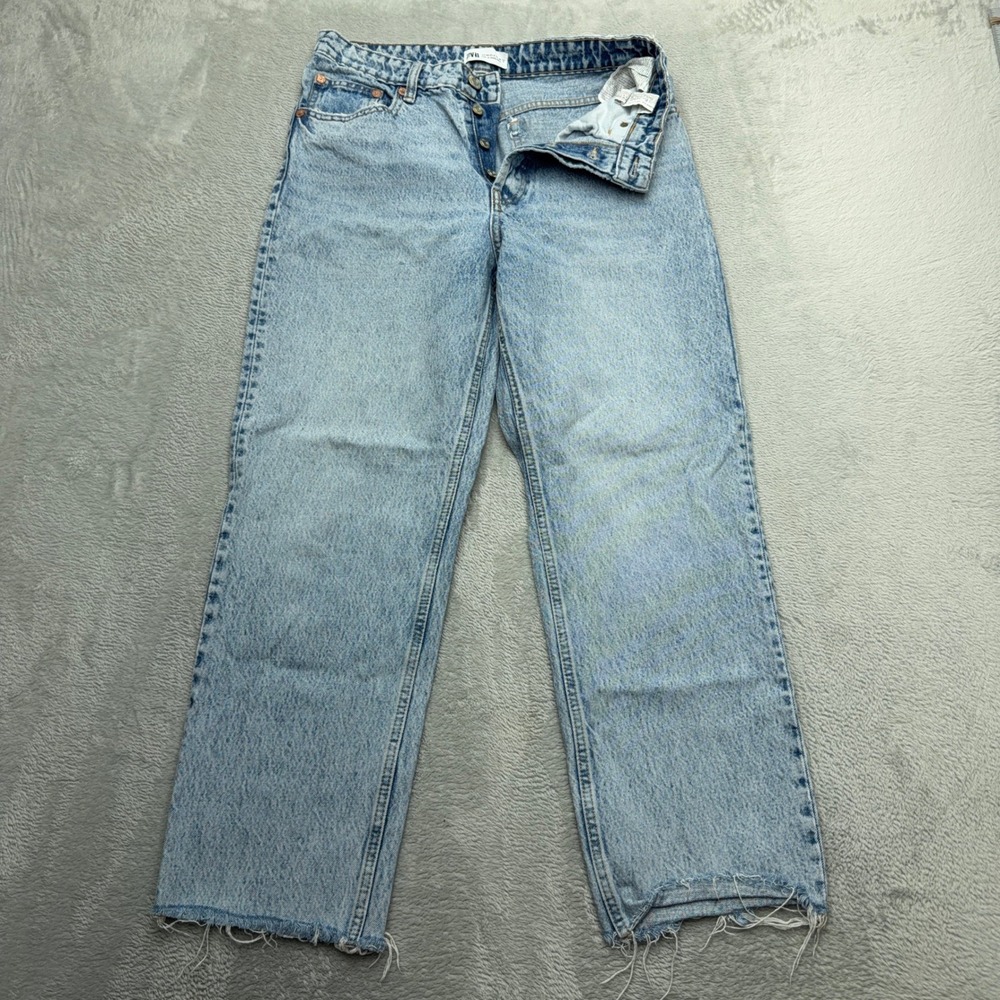 Zara Jeans Womens 8 Light Blue High Rise Straight Leg Raw Hem Button Fly Denim